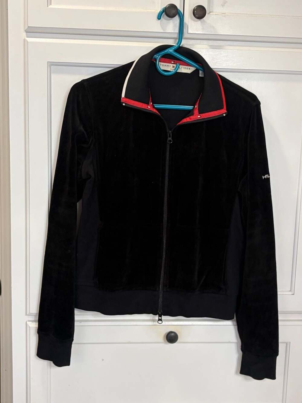 Vintage Y2K 2002 Tommy Hilfiger Jeans Black Velour Zip Track Jacket Women’s L